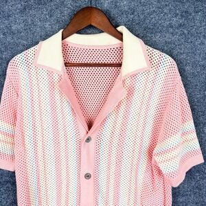 Manfinity Mens XL Open Knit Button Polo Shirt Striped Pink Short Sleeve Casual